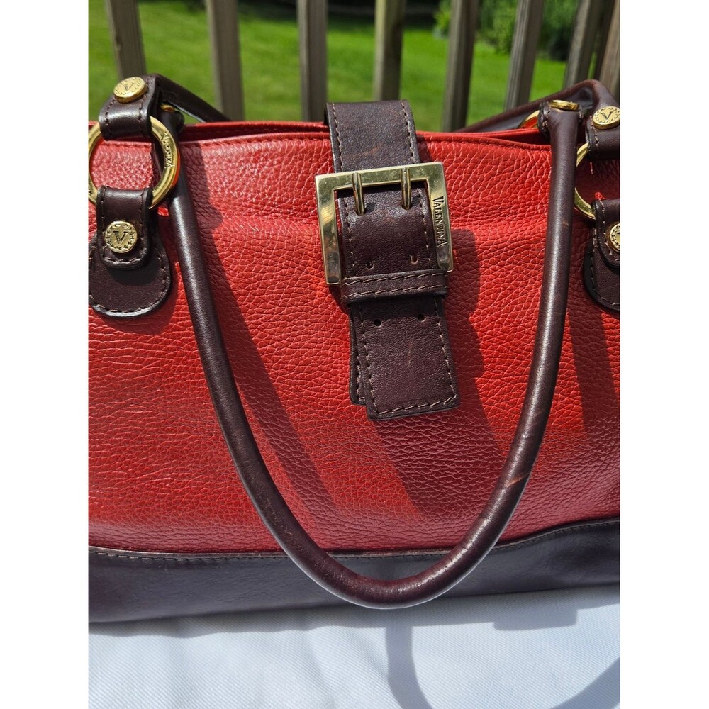 Leather Valentina Satchel Handbag in Red and Brown